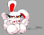 2spot_studio animate_inanimate anthro arrow_pointing_to_crotch bloody_bunny bloody_bunny_(series) breasts directional_arrow female genitals grey_background lagomorph leporid living_plushie mammal ministerhomer nipples plushie rabbit red_nipples simple_background solo stitch_(sewing) vulva white_body