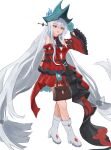  1girl absurdly_long_hair absurdres aqua_gloves aqua_hat arknights ascot bare_shoulders black_ascot boots chinese_commentary clothing_cutout commentary_request detached_sleeves dress frilled_sleeves frills full_body gloves grey_boots grey_hair hair_between_eyes hair_ornament hand_on_headwear hat highres holding knee_boots linlinyouzeze long_hair long_sleeves looking_at_viewer navel navel_cutout open_mouth red_dress red_eyes red_sleeves simple_background skadi_(arknights) skadi_the_corrupting_heart_(arknights) smile solo standing very_long_hair white_background wide_sleeves 