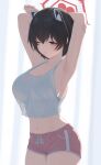  1girl absurdres animal_ears aqua_bra armpits arms_behind_head black_eyes black_hair blue_archive bra bra_peek breasts camisole cleavage commentary_request dolphin_shorts halo highres large_breasts midriff navel one_eye_closed pige_pig pink_shorts presenting_own_armpit raccoon_ears raccoon_girl red_halo short_hair shorts solo tsubaki_(blue_archive) underwear white_camisole 