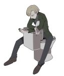  1boy 2025 blonde_hair bored brown_shoes commentary_request denim drink green_jacket holding holding_drink jacket james_sunderland jeans kuso_500t male_focus pants shoes silent_hill_(series) silent_hill_2 silent_hill_2_(remake) simple_background solo solo_focus toilet white_background 