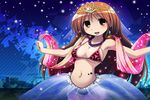  bad_id bad_pixiv_id beads bikini breasts brown_eyes brown_hair circlet earrings earth_ekami jewelry long_hair medium_breasts navel_piercing necklace night original outstretched_arms piercing sash see-through sky solo spread_arms star_(sky) starry_sky swimsuit tattoo 