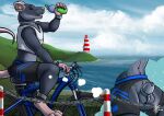 2018 aaron_d'verse anthro balls beady_eyes bicycle black_bottomwear black_clothing black_eyes black_shorts bottle bottomwear clothed clothing container dated ear_piercing ear_stud fur genitals grey_balls grey_body grey_fur holding_bottle holding_container holding_object hufnaar male male_anthro mammal murid murine on_bicycle open_mouth piercing rat rodent shorts side_view sitting slim_anthro slim_male solo topwear vehicle whiskers white_clothing white_topwear