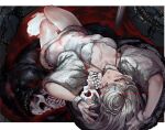  1girl absurdres album_cover armpits blood bodysuit breasts commentary_request cover covered_collarbone covered_navel dress eyelashes fur-trimmed_dress fur-trimmed_gloves fur-trimmed_jacket fur_trim gloves glowing glowing_eye highres jacket letterboxed lips looking_at_viewer lying medium_breasts official_art on_back original outside_border parted_lips see-through_bodysuit see-through_clothes see-through_dress skull soleil_(soleilmtfbwy03) solo sparkle thighs torn_bodysuit torn_clothes white_dress white_eyes white_gloves white_hair white_jacket 