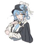  1girl absurdres bird_hat_ornament black_bow black_bowtie black_capelet black_hat blue_hair blue_necktie bow bowtie braid braided_hair_rings capelet chinese_commentary closed_mouth collared_shirt commentary_request cropped_torso deerstalker grey_vest hair_bow hair_rings hat hat_bow highres long_sleeves looking_at_viewer mahou_shoujo_no_majo_saiban necktie shirt short_hair simple_background solo superbigneet tachibana_sherry upper_body vest white_background white_shirt yellow_eyes 