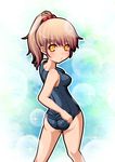  adjusting_clothes adjusting_swimsuit ass brown_hair chibimame long_hair looking_back o3o one-piece_swimsuit orange_eyes original ponytail school_swimsuit solo swimsuit 
