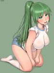  breasts buruma covered_nipples green_eyes green_hair gym_uniform higurashi_no_naku_koro_ni impossible_clothes impossible_shirt kneeling large_breasts long_hair ponytail shirt sleeves_rolled_up solo sonozaki_mion zenkou 