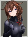  1girl ahoge alternate_costume black_bodysuit blue_eyes bodysuit braid brown_hair commentary_request grey_background hair_flaps hair_ornament hair_over_shoulder highres kantai_collection looking_at_viewer shigure_(kancolle) shigure_kai_ni_(kancolle) single_braid skin_tight solo umibudou upper_body 