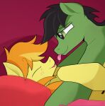  2022 anon anon_stallion bed black_hair black_mane blush blush_lines bodily_fluids braeburn_(mlp) digital_media_(artwork) duo earth_pony equid equine eyebrows eyes_closed feral friendship_is_magic furniture green_body hair hasbro hi_res horse lying male male/male male_on_bottom male_on_top mammal mane my_little_pony on_back on_bottom on_front on_top orange_hair orange_mane pillow pony saliva saliva_string sefastpone simple_background smile tongue tongue_out yellow_body 