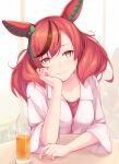  1girl animal_ears bangs blush brown_eyes closed_mouth cup drinking_straw ear_covers elbow_rest enuno_(nuno0099) highres horse_ears lips long_sleeves looking_at_viewer medium_hair multicolored_hair nice_nature_(umamusume) red_hair shirt smile solo streaked_hair table twintails umamusume upper_body white_shirt 