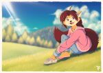  1girl absurdres ahoge animal_ears animal_nose artist_name bangs blue_pants blue_sky blurry blurry_background body_fur border borrowed_character braid braided_ponytail brown_hair cloud collarbone commentary commission day english_commentary fangs feet fox-pop_vli fox_ears fox_girl fox_tail full_body furry furry_female grass hair_intakes happy highres hill knees_up light_rays long_hair long_sleeves looking_at_viewer on_ground open_mouth original outdoors pants pants_rolled_up parted_bangs pink_sweater purple_eyes shoes sidelocks single_braid single_shoe sitting sky sleeves_past_wrists smile solo sunlight sweater tail tree two-tone_fur watermark white_border white_footwear white_fur yellow_fur 