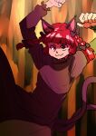  1girl :3 animal_ears arms_up bow braid cat_ears cat_tail dress gagamatsu hair_bow kaenbyou_rin multiple_tails nekomata red_eyes red_hair solo tail touhou twin_braids two_tails v-shaped_eyebrows 