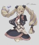  1girl ;) black_bow black_capelet black_gloves black_skirt blonde_hair bow bowtie capelet closed_mouth cropped_legs elise_(fire_emblem) fire_emblem fire_emblem_fates floating_hair gloves grey_background hair_bow hand_on_hip highres karashino long_hair looking_at_viewer multicolored_hair one_eye_closed pink_bow pink_bowtie pink_eyes purple_hair simple_background skirt smile solo twitter_username two-tone_hair very_long_hair 