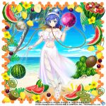  2girls alternate_costume artist_request beach blue_eyes blue_hair blue_nails breasts chain cleavage closed_mouth clothing_cutout clownpiece dress earth_(ornament) fingernails flower food fruit full_body gold_chain happy hat hecatia_lapislazuli hecatia_lapislazuli_(earth) jester_cap kiwi_(fruit) looking_at_viewer midriff moon moon_(ornament) multiple_girls navel no_shoes ocean official_alternate_costume official_art pantyhose polos_crown rotte_(1109) smile solo stomach stomach_cutout touhou touhou_lost_word water white_dress white_pantyhose 