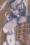 1girl absurdres animal_ears blue_archive breasts brown_background cigarette coat_partially_removed covered_navel detached_collar ear_piercing fake_animal_ears fangs flat_color glasses gloves grey_hair hand_up highres holding holding_cigarette karin_(blue_archive) karin_(bunny)_(blue_archive) large_breasts leotard long_hair looking_at_viewer open_mouth piercing playboy_bunny rabbit_ears simple_background smile smoke solo upper_body white_gloves white_leotard xm_o_n_ox 