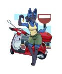  anthro anthrofied border bottomwear clothed clothing digitigrade female generation_4_pokemon gloves_(marking) hi_res key leg_markings lucario markings moped nintendo pashoo pokemon pokemon_(species) red_eyes shirt shorts socks_(marking) solo tank_top topwear vehicle video_games white_border 