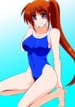  1girl barefoot blue_background blue_one-piece_swimsuit breasts brown_hair commentary_request competition_swimsuit engo_(aquawatery) gradient gradient_background highres large_breasts long_hair lyrical_nanoha mahou_shoujo_lyrical_nanoha_strikers one-piece_swimsuit purple_eyes side_ponytail smile solo swimsuit takamachi_nanoha very_long_hair 