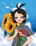  1boy :d antenna_hair bangs black_hair blue_eyes blush dark_skin flower goh_(pokemon) highres looking_at_viewer male_focus non-web_source short_hair smile solo 