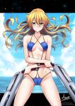  1girl adsouto bangs bare_arms bikini black_border blazblue blonde_hair blue_bikini blue_sky blurry blurry_background border breasts cameltoe cleavage closed_mouth cloud collarbone criss-cross_halter day dual_wielding floating_hair green_eyes groin gun halterneck highres holding holding_gun holding_weapon long_hair looking_at_viewer noel_vermillion ocean outdoors shiny shiny_hair signature sky small_breasts smile solo straight_hair swimsuit v-shaped_eyebrows very_long_hair watermark weapon web_address 