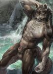  abs animal_genitalia anthro balls blue_eyes brown_body brown_fur canid canine canis claws fur genitals grey_body grey_fur hand_behind_head hi_res looking_at_viewer male mammal muscular muscular_anthro muscular_male nude partially_submerged pecs penis penis_tip raised_arm rakan sheath solo thebigslick water waterfall were werecanid werecanine werewolf wolf 