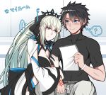  1boy 1girl arm_grab arm_hug black_bow black_hair blue_eyes blush bow braid breasts center_opening cleavage clothing_cutout command_spell crown fate/grand_order fate_(series) french_braid fujimaru_ritsuka_(male) holding_another&#039;s_arm morgan_le_fay_(fate) ponytail sanmoto_gorouzaemon stomach_cutout two-tone_dress 