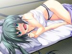  1girl bangs bare_arms blush clothes_lift cookie_4is embarrassed futon game_cg green_eyes green_hair hair_between_eyes indoors kawagishi_keitarou long_hair looking_at_viewer lying maji_de_watashi_ni_koi_shinasai! on_side open_mouth panties ponytail shiny shiny_hair shirt shirt_lift sleeveless sleeveless_shirt solo sweatdrop under_covers underwear white_panties white_shirt 