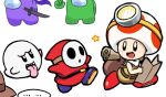  5others :d among_us bag boo_(mario) clenched_hand crewmate_(among_us) disembodied_limb headlamp holding holding_map holding_sword holding_weapon kiman lime_(among_us) map mario_(series) mask multiple_others no_humans purple_(among_us) shy_guy smile star_(symbol) sword toad_(mario) tongue tongue_out walking weapon 