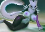  anthro areola armwear bandai_namco big_breasts black_body black_fur breasts clothing digimon digimon_(species) emiramora female fur nipples renamon solo white_body white_fur 