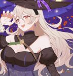  bare_shoulders black_dress black_headwear breasts candy cleavage corrin_(fire_emblem) corrin_(fire_emblem)_(female) detached_collar detached_sleeves dress fffera fire_emblem fire_emblem_fates fire_emblem_heroes food grey_hair halloween halloween_costume hat highres large_breasts long_hair official_alternate_costume pointy_ears purple_nails red_eyes simple_background star_(symbol) upper_body witch witch_hat 