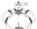  2022 anthro armband belly belly_tuft big_belly bowser bracelet chest_tuft claws collar dialogue dragon eyebrows fangs front_view hair hand_on_hip hand_on_side hi_res horn jewelry koopa looking_at_viewer male mario_bros moobs narrowed_eyes navel nintendo nipples nude obese obese_anthro obese_male open_mouth overweight overweight_anthro overweight_male praceph scales scalie smile smiling_at_viewer solo speech_bubble spiked_armband spiked_bracelet spiked_collar spikes talking_to_viewer text tongue tuft video_games 