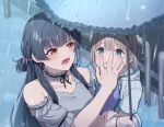  2girls black_hair black_ribbon blue_eyes blue_umbrella bracelet brown_eyes choker clothing_cutout commentary earrings frilled_choker frilled_shirt frilled_umbrella frills frown grey_choker grey_shirt hair_ribbon hand_on_another&#039;s_face holding holding_umbrella hood hood_down hooded_jacket idolmaster idolmaster_shiny_colors jacket jewelry kamille_(vcx68) light_brown_hair long_hair looking_at_another looking_back mayuzumi_fuyuko multiple_girls neck_ribbon open_mouth outdoors puckered_lips purple_ribbon purple_shirt pushing_away rain ribbon serizawa_asahi shirt short_hair short_sleeves shoulder_cutout sweatdrop two_side_up umbrella white_jacket 