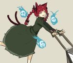  1girl :d animal_ears bow braid cat_ears cat_tail dress eyebrows_hidden_by_hair green_dress highres hitodama kaenbyou_rin looking_at_viewer multiple_tails muneneko nekomata red_eyes red_hair running skull smile solo tail touhou twin_braids two_tails wheelbarrow 