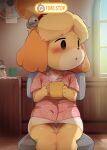  2022 animal_crossing anthro black_nose blush canid canine canis clothed clothing dagasi detailed_background digital_media_(artwork) domestic_dog english_text female fur hi_res inside isabelle_(animal_crossing) mammal nintendo shih_tzu sitting solo text toy_dog video_games 