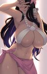  1girl armpits bikini black_hair breasts cellphone covering_eyes cowboy_shot fate/grand_order fate_(series) flower hair_flower hair_ornament highres holding holding_phone huge_breasts jewelry jifuwabe long_hair multicolored_hair navel necklace pearl_necklace phone pink_flower pink_hair pink_sarong selfie sesshouin_kiara sesshouin_kiara_(swimsuit_mooncancer) sesshouin_kiara_(swimsuit_mooncancer)_(first_ascension) smartphone solo standing streaked_hair swimsuit white_bikini 