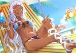  2girls bandaged_leg bandages barefoot beach blue_eyes blue_pupils blue_sky breasts bright_pupils cloud cloudy_sky colored_skin dark-skinned_female dark_skin day facial_tattoo flower foot_out_of_frame from_behind full_body grey_hair haimura_kiyotaka hand_up heterochromia large_breasts leaf long_hair looking_at_viewer lying multiple_girls mummy navel nephtys niang-niang ocean on_back open_mouth orange_eyes outdoors palm_leaf pink_nails pink_pupils purple_skin red_eyes sand sky stomach swimsuit tattoo teardrop_tattoo teeth thighs toaru_majutsu_no_index toaru_majutsu_no_index:_new_testament undead upper_teeth very_long_hair water yellow_flower 