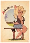  1girl absurdres animal_ears animal_nose artist_name ass bangs bare_shoulders barefoot belt black_footwear black_shirt blonde_hair blue_shorts blue_sky blush body_fur border breasts brown_eyes brown_fur closed_mouth commentary covered_nipples day deer_ears deer_girl deer_tail denim denim_shorts english_commentary english_text feet fox-pop_vli from_behind full_body furry furry_female grass half-closed_eyes happy highres large_breasts long_hair looking_back no_bra nose_blush on_table original outdoors pocket shirt shoe_dangle shoes shoes_removed short_shorts shorts sideboob sidelocks sitting sky sleeveless sleeveless_shirt smile soles solo swept_bangs table tail toes watermark white_border yellow_background 