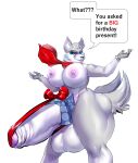 absurd_res anthro areola balls bananitryi big_balls big_breasts big_penis bow_ribbon breasts canid canine canis genitals gynomorph hi_res hyper intersex mammal nipples penis scarf solo text thick_thighs wolf wolf_wolfindeir_(thewolfycreator) 