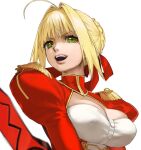  1girl ahoge angry blonde_hair braid breasts cleavage conto epaulettes fate/extra fate/grand_order fate_(series) french_braid from_below green_eyes hair_intakes lips looking_at_viewer looking_down nero_claudius_(fate) nero_claudius_(fate/extra) open_mouth puffy_sleeves simple_background solo sword teeth weapon white_background wide_sleeves 