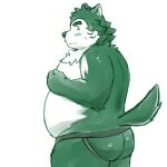  anthro belly big_butt blush butt canid canine canis clothing domestic_dog embarrassed eyebrows fur green_body green_fur hi_res jockstrap lifewonders live-a-hero looking_back male mammal mokdai overweight solo thick_eyebrows underwear video_games yaki_atsuage 