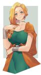  1girl absurdres bianca_(dq5) blonde_hair blue_eyes blush bracelet braid breasts cape choker cleavage collarbone dragon_quest dragon_quest_v earrings hair_over_shoulder highres huge_breasts jewelry long_hair raxxx25_3 simple_background single_braid smile solo 