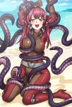  1girl absurdres beach bodysuit commission commissioner_upload consensual_tentacles heterochromia highres hololive houshou_marine injuotoko ninomae_ina&#039;nis non-web_source ocean open_mouth red_eyes red_hair ribbon tentacles totally_spies yellow_eyes 