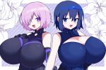  2girls alternate_breast_size armor armored_dress blue_eyes blue_hair breasts bright_pupils ciel_(tsukihime) cleavage dadadanoda dress elbow_gloves fate/grand_order fate_(series) gloves huge_breasts light_purple_hair looking_at_viewer mash_kyrielight multiple_girls powered_ciel purple_eyes purple_hair short_hair sleeveless sleeveless_dress smile tsukihime tsukihime_(remake) 