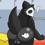  1:1 anthro balls bed big_butt black_body black_fur butt butt_grab canid canine canis changed_(video_game) digital_media_(artwork) fur furniture genitals goo_creature hair hand_on_butt hi_res huge_butt human lin_(changed) lyncario male male/male mammal mask nude puro_(changed) simple_background surprised_expression text thick_thighs video_games wolf 