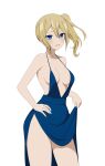  1girl bare_shoulders blonde_hair blue_dress blue_eyes blue_nails blush breasts cleavage clothes_lift coro_fae cowboy_shot dress dress_lift embarrassed hair_between_eyes hand_on_hip hayasaka_ai highres kaguya-sama_wa_kokurasetai_~tensai-tachi_no_renai_zunousen~ lifted_by_self looking_at_viewer medium_breasts nail_polish no_bra paid_reward_available plunging_neckline revealing_clothes side_ponytail simple_background solo sweatdrop thighs white_background 