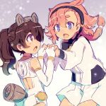  2girls 30_minutes_sisters animal_ears back_cutout bandai black_hairband brown_eyes brown_hair clothing_cutout company_connection crossover elbow_gloves fake_animal_ears fingerless_gloves gloves gundam gundam_suisei_no_majo hair_between_eyes hairband highres holding_hands jacket leotard low_ponytail luluce_(30ms) multiple_girls open_mouth ponytail purple_eyes red_hair shorts suletta_mercury thrusters white_gloves white_jacket white_leotard white_shorts yoshi_(crossmind) 