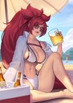  2girls alcohol amputee baiken bangs bare_shoulders beach beer beer_bottle bikini blue_sky breasts cleavage cloud collarbone cooler cup facial_mark guilty_gear guilty_gear_strive halo highres holding holding_cup huge_breasts jack-o&#039;_valentine jacket long_hair looking_at_viewer multiple_girls navel ocean one-eyed phamoz ponytail red_eyes red_hair red_lips sand scar scar_across_eye scar_on_face shaded_face sitting sky solo stomach swimsuit thighs toned white_bikini white_jacket 