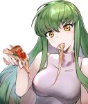  1girl absurdres bangs bare_arms breasts c.c. code_geass food green_hair hair_between_eyes highres long_hair looking_at_viewer medium_breasts pizza shiny shiny_hair simple_background sleeveless sleeveless_sweater solo straight_hair sweater turtleneck turtleneck_sweater ukai_(fmxc3282) upper_body very_long_hair white_background white_sweater yellow_eyes 