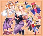  4girls :3 :d all_fours animal_ears animal_hands animal_print arf asymmetrical_bangs bad_id bad_twitter_id bangs bare_shoulders bat_print black_footwear black_leotard blonde_hair blue_pantyhose blue_ribbon blush_stickers boots border breasts brown_hair candy cat_ears cat_tail chinese_clothes claws cleavage clothing_cutout commentary_request cosplay dated demon_girl elbow_gloves english_text fake_animal_ears fate_testarossa felicia_(vampire) felicia_(vampire)_(cosplay) food ghost ghost_costume gloves hair_ornament hair_ribbon hairclip halloween halloween_costume hat head_wings heart_cutout highres jiangshi_costume kneeling large_breasts lei_lei lei_lei_(cosplay) leotard lilith_aensland lilith_aensland_(cosplay) long_hair low_wings lyrical_nanoha mahou_shoujo_lyrical_nanoha_vivid morrigan_aensland morrigan_aensland_(cosplay) multiple_girls nun_(nun_lily) off-shoulder_leotard ofuda open_mouth orange_background orange_border outline outstretched_arms pantyhose paw_gloves paw_shoes print_legwear purple_pantyhose purple_wings qing_guanmao red_eyes red_footwear red_leotard red_wings ribbon short_hair smile standing standing_on_one_leg starry_background sweatdrop tail takamachi_nanoha talisman thigh_boots twitter_username two_side_up vampire_(game) vivio white_footwear white_gloves white_outline wings x_hair_ornament yagami_hayate yuuno_scrya zafira zombie_pose 