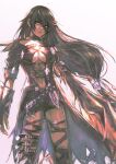  1girl breasts choker closed_mouth collarbone greyscale hair_between_eyes long_hair looking_at_viewer low-tied_long_hair monochrome navel noie_(neunteedelstein) simple_background solo tales_of_(series) tales_of_berseria torn_clothes underboob velvet_crowe very_long_hair 