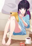  1girl bangs bare_legs barefoot black_hair blue_shirt blue_shorts blush commentary_request cup feet food godai_01 hands_up highres holding indoors leaning_back legs legs_together mug multicolored_hair nail_polish on_ground open_mouth original pink_hair pink_nails pocky purple_eyes shirt shorts sidelocks sitting solo streaked_hair t-shirt tablet_pc toenail_polish toenails toes twintails wooden_floor 