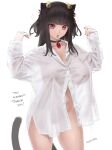  1girl :o animal_ears bangs bell breasts cat_ears collar collarbone conto highres hime_cut jingle_bell large_breasts long_hair original red_eyes see-through shirt simple_background solo tail thigh_gap white_background white_shirt wide_hips 